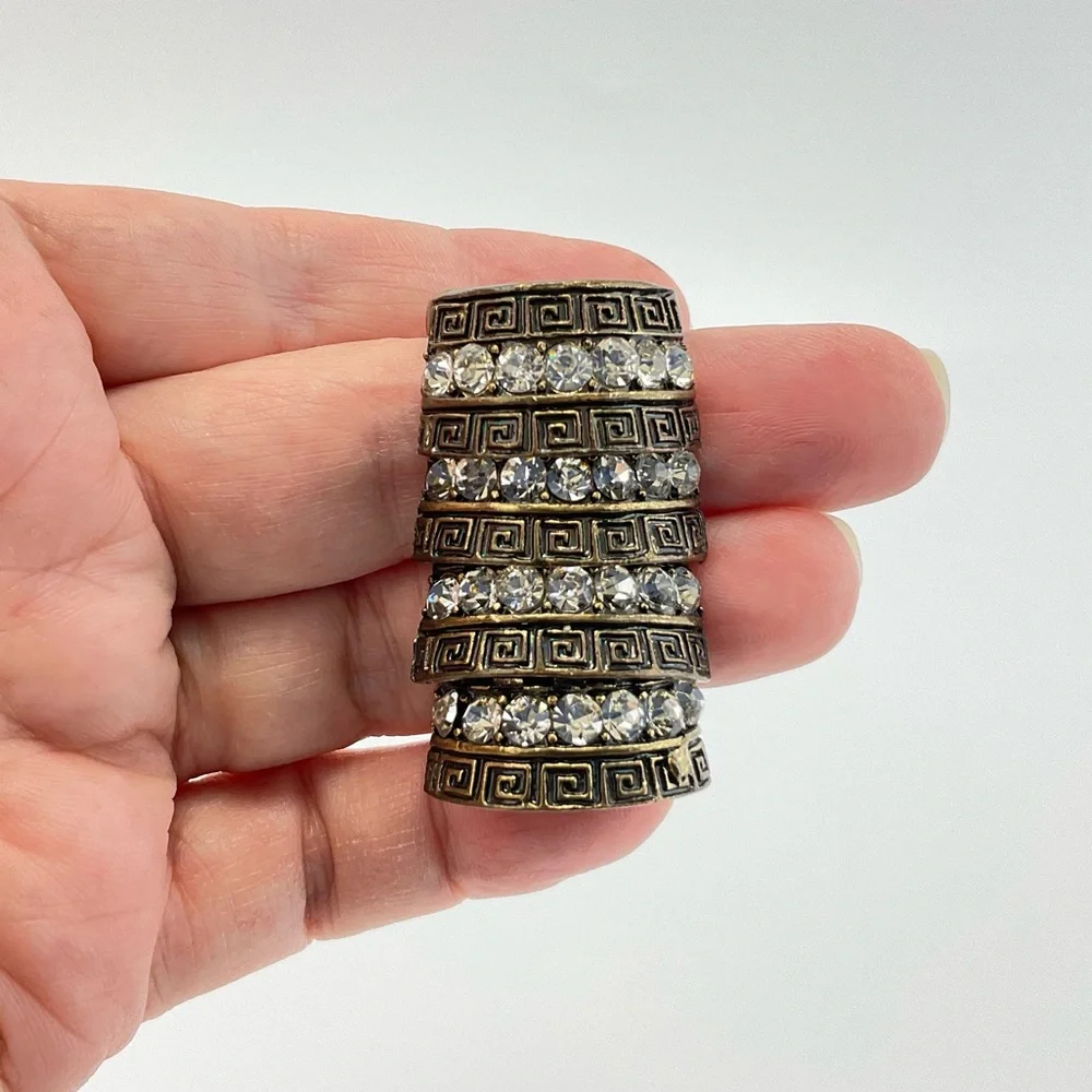 Gothic Cocktail Ring,  Articulated Knuckle Ring, Antique Gold & Clear Crystals
